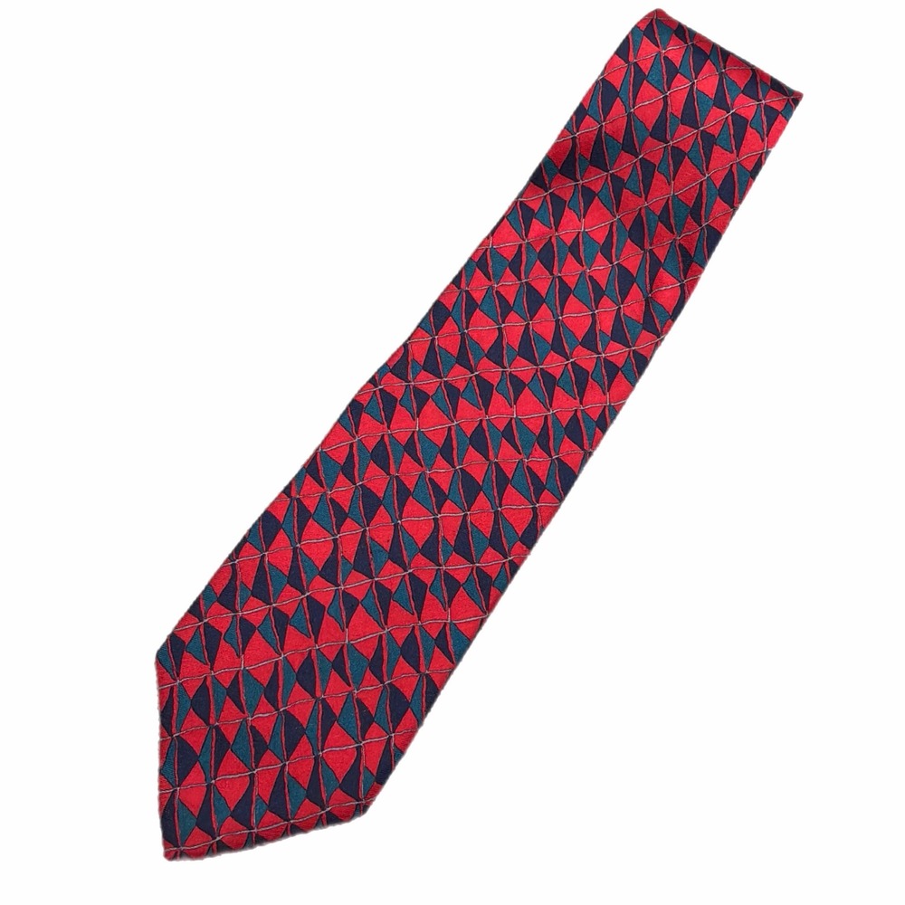VTG Ferrell Reed Mens Silk Tie Red Navy Teal Geometric Made in USA Italy